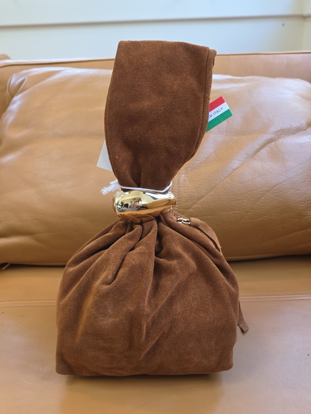Knot-Top Suede Mini Bag in Brown with Gold Accent
